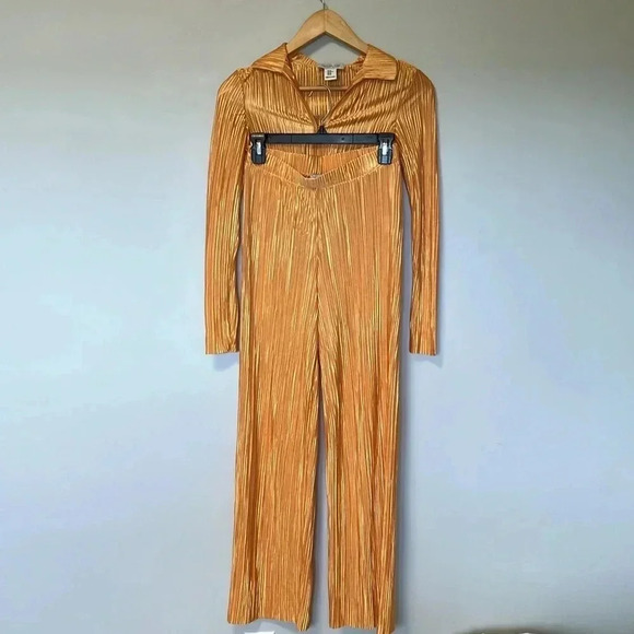Rachel Zoe yellow mustard satin ribbed shirt pants  set suit - Picture 1 of 9